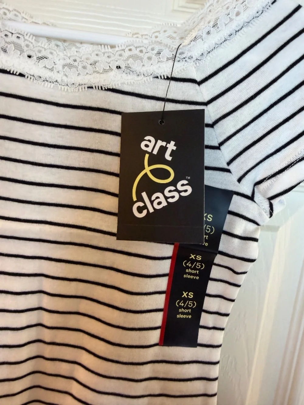 Art Class Girls Ivory Striped Lace Trim Short Sleeve Tee | Size XS | NWT